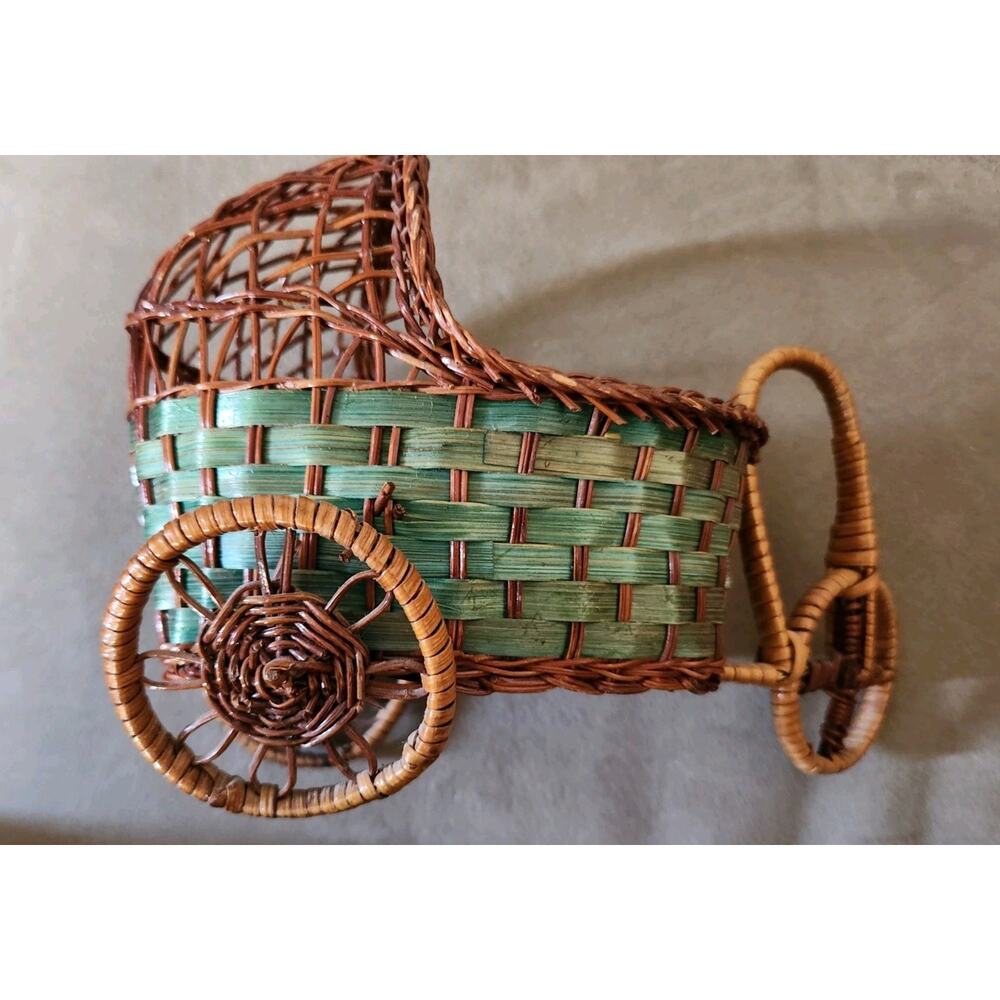 Vintage Wicker Baby Buggy & "Fancy Friends" Porcelain Doll